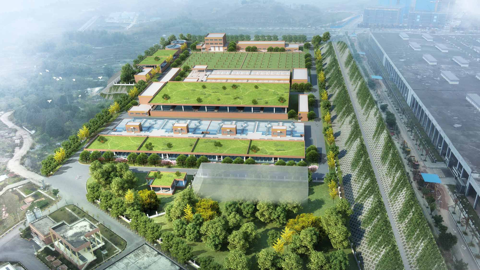 Vue aérienne en 3D du projet d’usine de traitement de l’eau Chongqing Yuelai - SUEZ