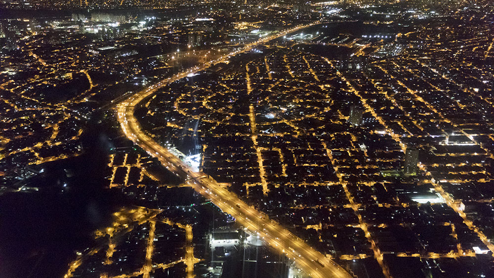 Aerial view of a city by night